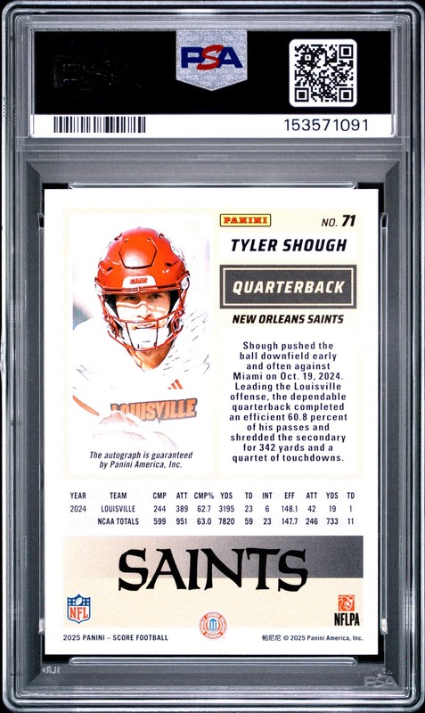 2025 Panini Score Tyler Shough #71 PSA 10 Rookie Auto New Orleans Saints Pop 2 view 2