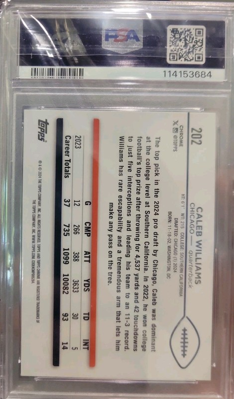Topps 2024 Chrome Caleb Williams Rookie Refractor #202 Chicago Bears PSA 10