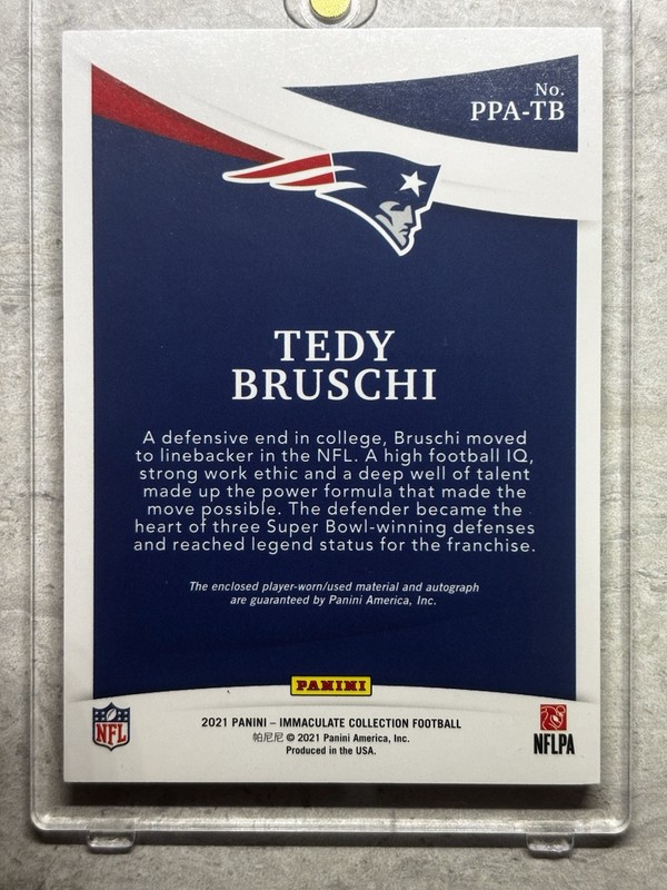 Tedy Bruschi 2021 Panini immaculate Relic Auto #PPA-TBR /75 view 2