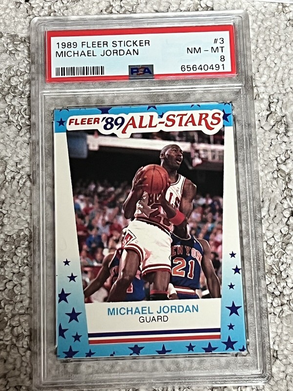 PSA 8 BASKETBALL CARD 1989 FLEER STICKER MICHAEL JORDAN ALL- STARS HOF #3 BULLS