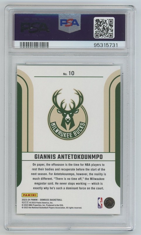 Giannis Antetokounmpo 2023 Donruss #10 Holo Yellow Laser 20/25 PSA 10 Pop 2 view 2