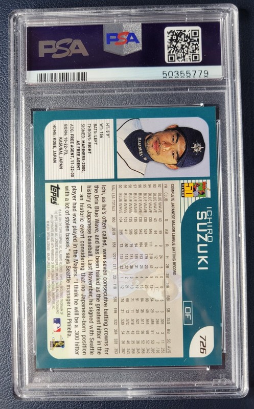 2001 Topps Ichiro Suzuki #726 PSA 8 Rookie RC view 2