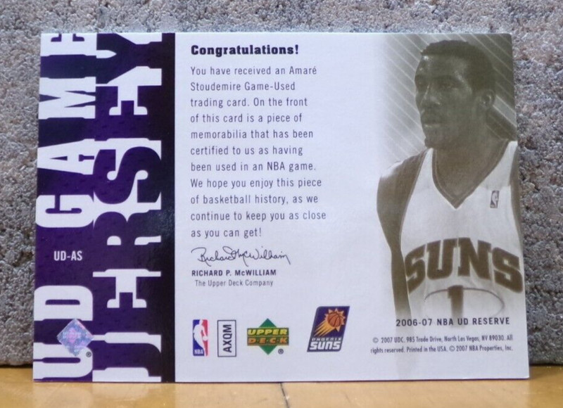 COOL BASKETBALL CARD UD GAME-USED PURPLE JERSEY AMARE STOUDEMIRE PHOENIX SUNS view 2