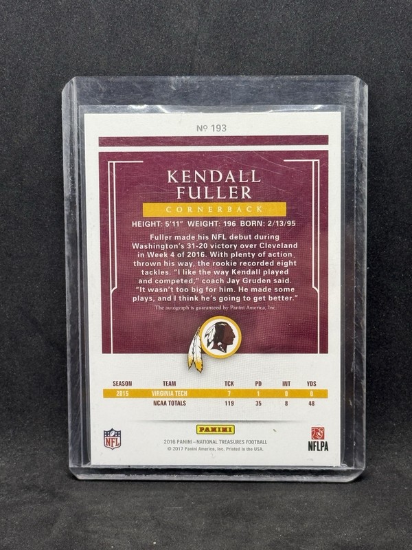 2016 National Treasures Kendall Fuller Rookie Auto /5 Redskins Hokies view 2