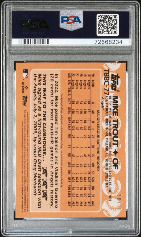 2023 Topps Series 1 Mike Trout Auto /10 Silver Pack Orange #T88C-77 PSA 9 Angels view 2