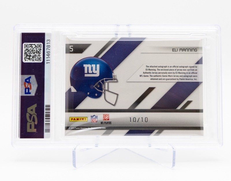 2010 Panini Certified Shirt Off My Back Eli Manning #5 PSA 9 Mint - Game Worn view 2