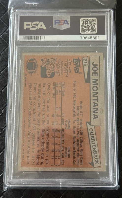 Joe Montana 1981 Topps Football #216 PSA 7 49ers view 2