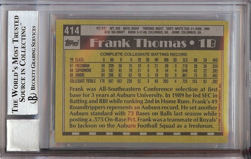 Frank Thomas 1990 Topps Signed Rookie Card RC  BGS 10 Auto Slabbed #414 RC view 2
