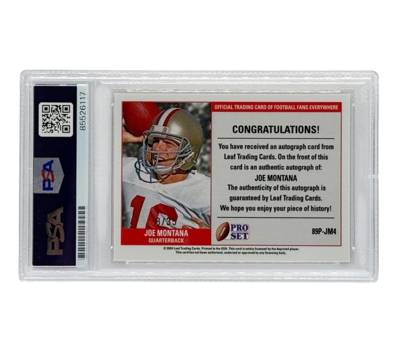 Joe Montana 2024 Autographed Leaf Pro Set Card PSA Authenticated view 2