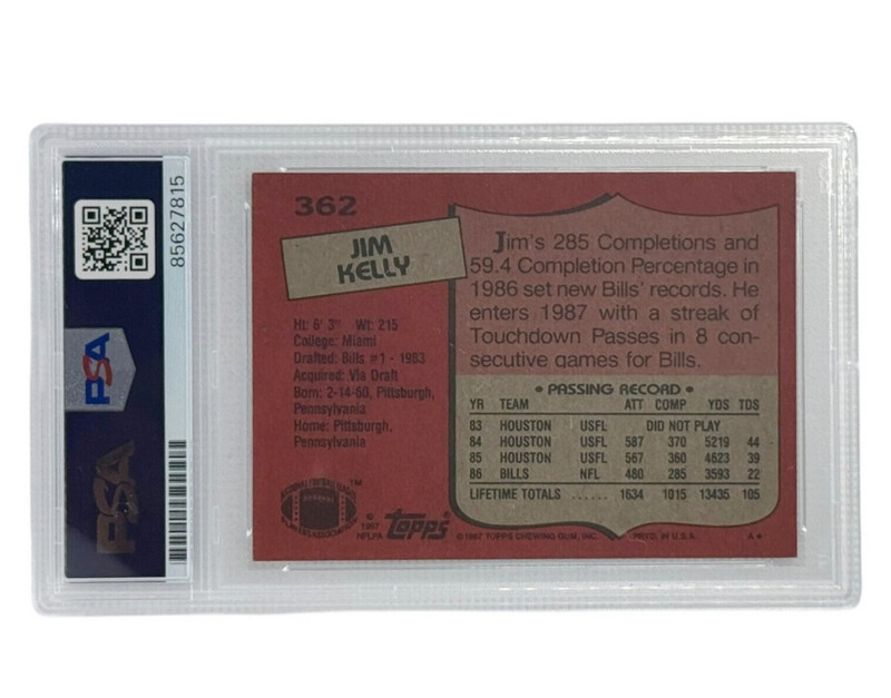 Jim Kelly Autographed 1987 Topps Rookie Card #362 PSA Authenticated view 2