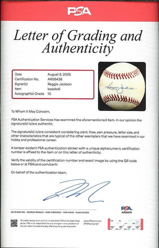 Reggie Jackson - Autograph PSA 10 GEM MINT - Signed OAL Baseball Autograph view 2