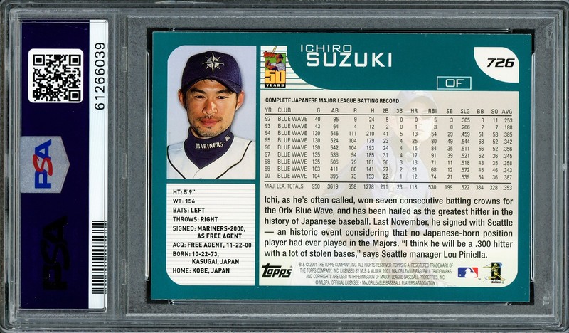 Ichiro Suzuki Signed 2001 Topps RC 726 Seattle Mariners PSA 8 PSA/DNA view 2