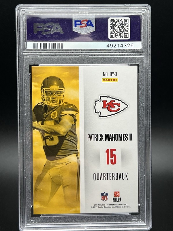 2017 Panini Contenders Patrick Mahomes II Rookie of the Year PSA 9 Mint RC view 2