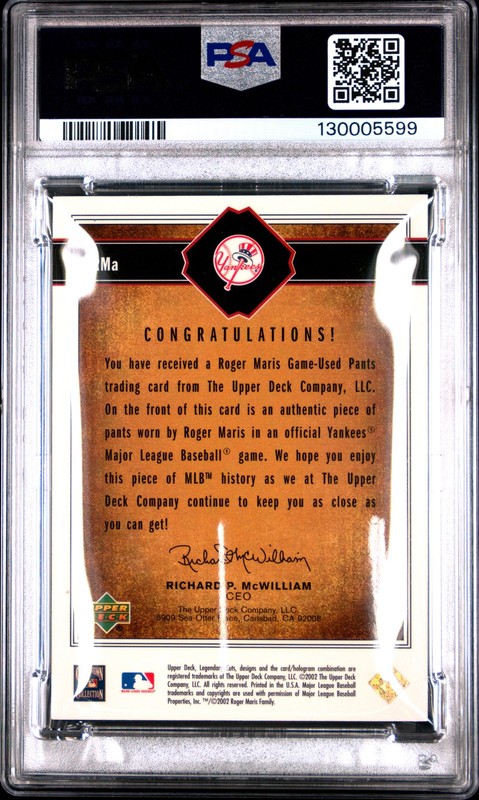 2002 SP Legendary Cuts #J-RMa Roger Maris Game Jersey Patch PSA 9 view 2