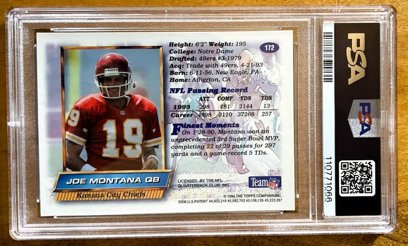1994 Topps Finest JOE MONTANA #172 PSA 9 MINT Foil Blue Emboss view 2
