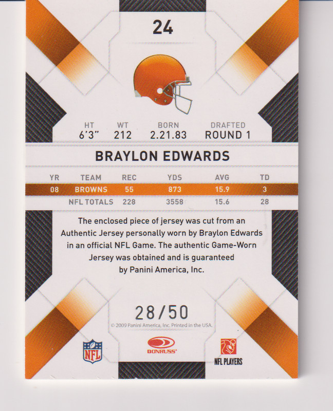 Braylon Edwards 2009 Donruss Threads Football 2 Color Game-Used Jersey Card /50 view 2