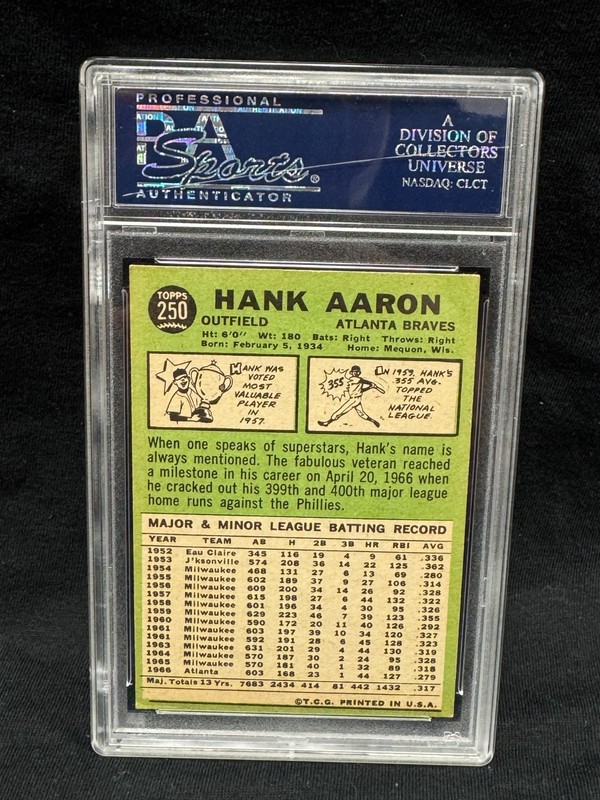 HANK AARON BRAVES 1967 TOPPS BASEBALL CARD #250 GRADED EX -MT PSA 6 (OC) view 2