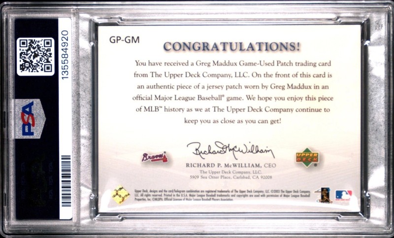 2003 GREG MADDUX PSA 9 UPPER DECK POP 1 GAME WORN PATCH ATLANTA BRAVES /100  view 2