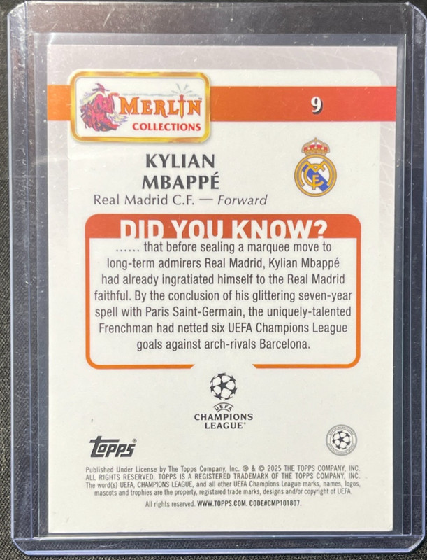 2024-25 Topps Merlin #9 Kylian Mbappe Rose Gold Speckle Refractor /250 view 2