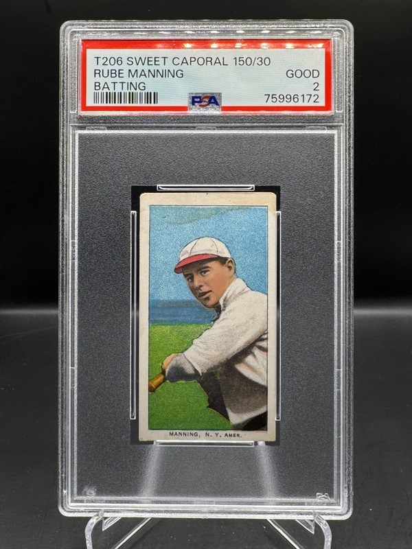 1909-11 T206! RUBE MANNING! ‘BATTING’ NY HIGHLANDERS! SWEET CAPORAL! PSA 2! view 1