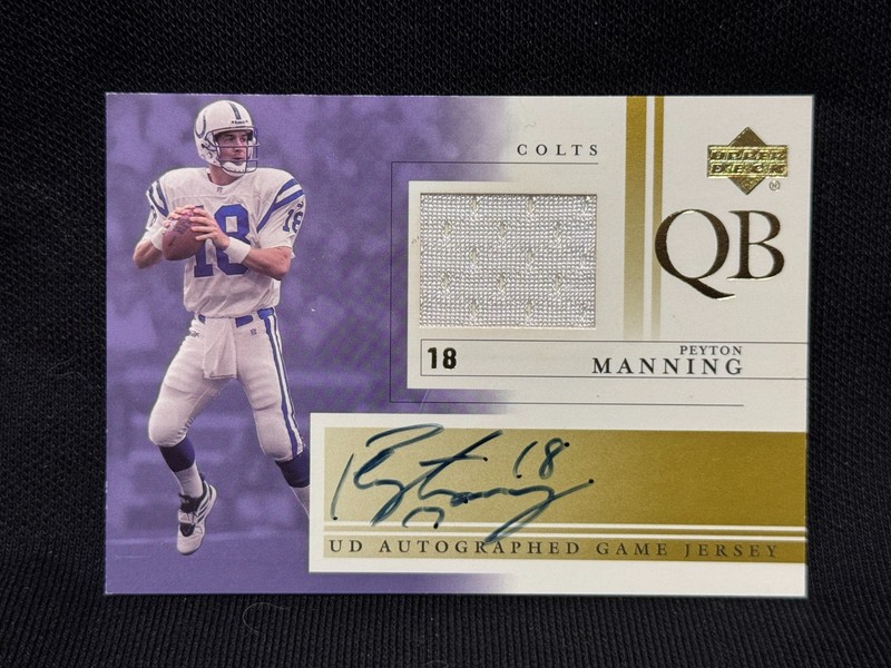 PEYTON MANNING 2001 UPPER DECK GAME WORN USED JERSEY ON CARD AUTO AUTOGRAPH PMAJ
