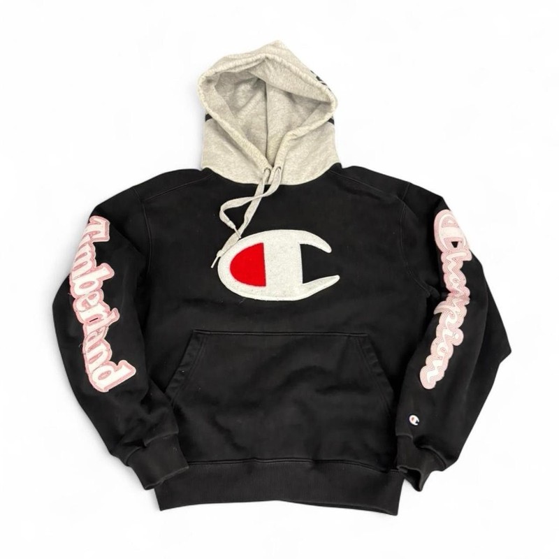 Champion x Timberland Cone Hoodie Black Gray Big Logo Mens Small Heavyweight