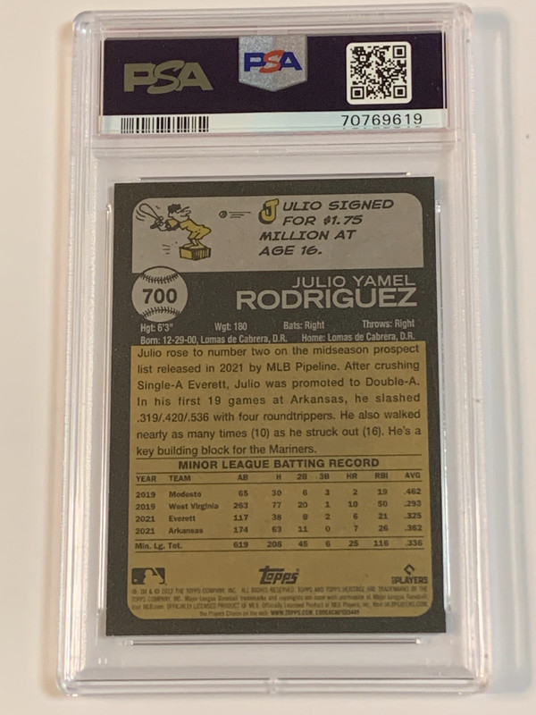 2022 Topps Heritage Chrome Blue Sparkle Refractor Julio Rodriguez RC - PSA 9 view 2