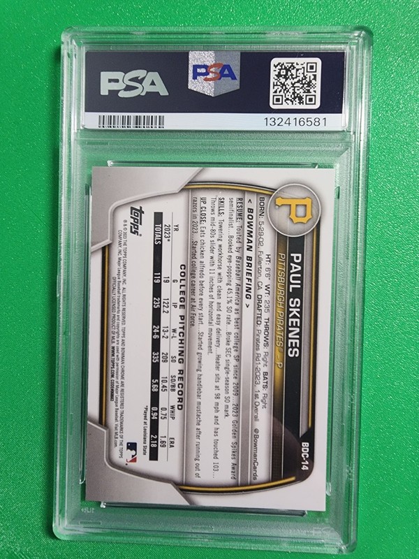 2023 BOWMAN CHROME 1ST ROOKIE PAUL SKENES #BDC-14 PITTSBURGH PIRATES PSA 9 MINT view 2