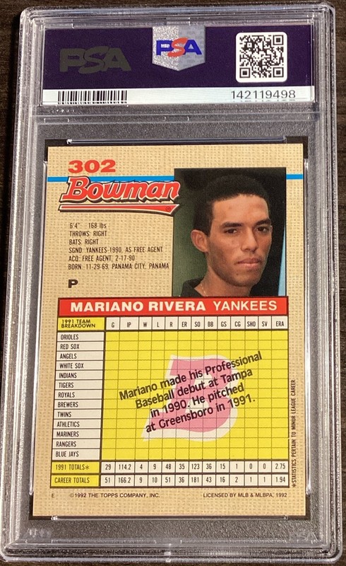 1992 Bowman Mariano Rivera Rookie RC #302 PSA 9 Mint HOF New York Yankees  view 2