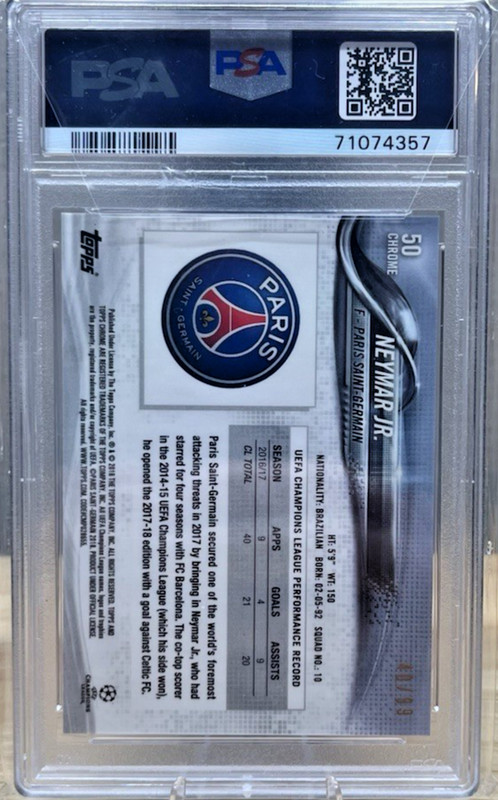 2017 Topps Chrome UCL #50 Neymar Jr Running Green /99 PSA 9 PSG Brazil World Cup view 2