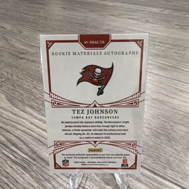 2025 Panini National Treasures Rookie Auto Quad Patch Tez Johnson Buccaneers /99 view 2