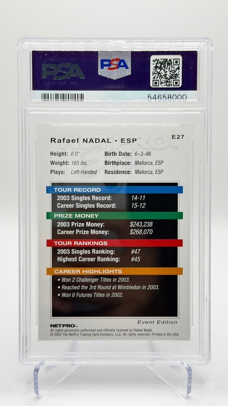 2003 NetPro Elite Rafael Nadal #E27 Event Edition ROOKIE RC PSA 10 GEM MINT SP view 2