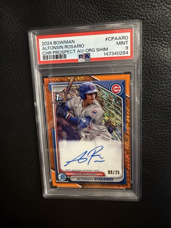 2024 BOWMAN CHROME ALFONSIN ROSARIO FIRST ORANGE SHIMMER AUTO /25 PSA 9 MINT CUB