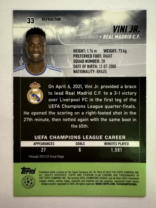 2021-22 Topps Stadium Club Chrome - Vinicius Junior - Vini Jr - #33 - Refractor view 2