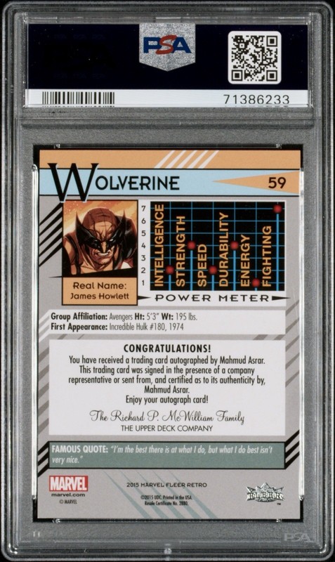 2015 Fleer Retro Marvel Auto #59 Mahmud Asrar / Wolverine PSA 9🌟VHTF🔥 POP 5/0^ view 2