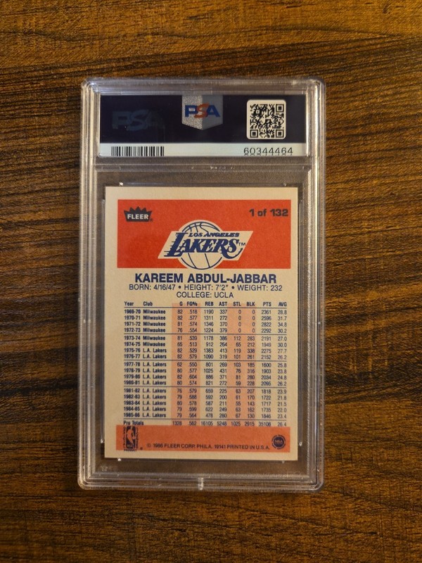 1986 FLEER #1 KAREEM ABDUL-JABBAR PSA 5 view 2