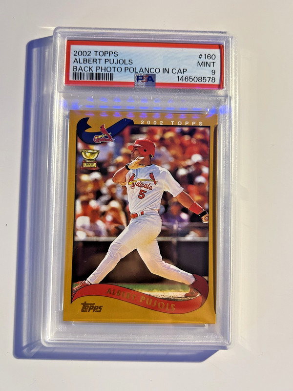 2002 TOPPS ALL-STAR ROOKIE #160 ALBERT PUJOLS BACK PHOTO POLANCO IN CAP PSA 9