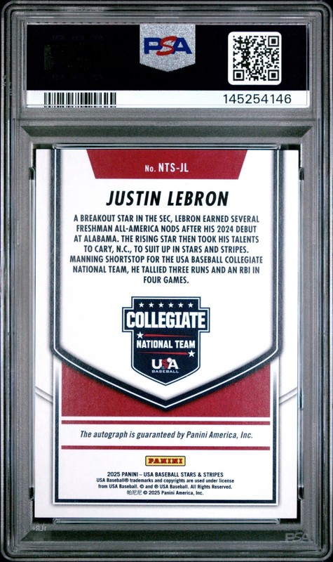 Justin LeBron 2025 Panini USA Stars & Stripes Gold Auto SN#d 1/10 Alabama PSA 10 view 2