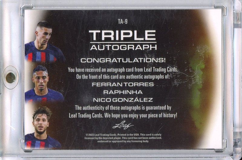 2022 LEAF ULTIMATE SOCCER FERRAN TORRES RAPHINHA NICO GONZAZLEZ TRIPLE AUTO 1/1 view 2