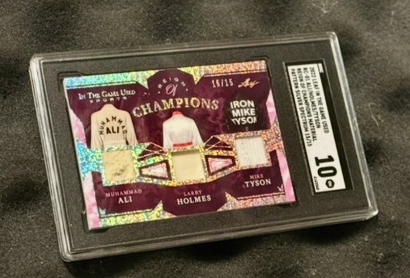 2022 Leaf ITGU Muhammad Ali Larry Holmes Mike Tyson WORN MEMORABILIA  /15 SGC 10