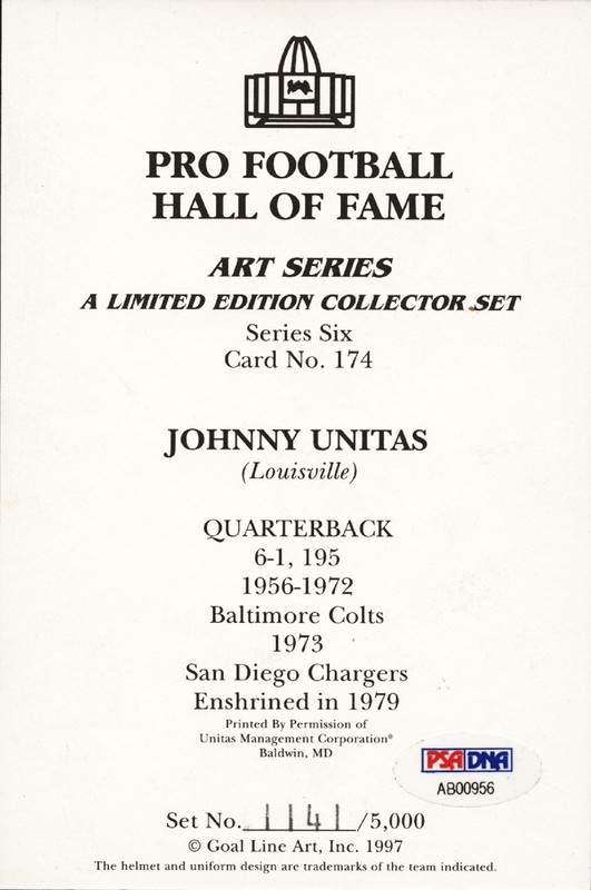 *MINT* 1997 Johnny Unitas Signed Goal Line Art Card GLAC PSA/DNA view 2