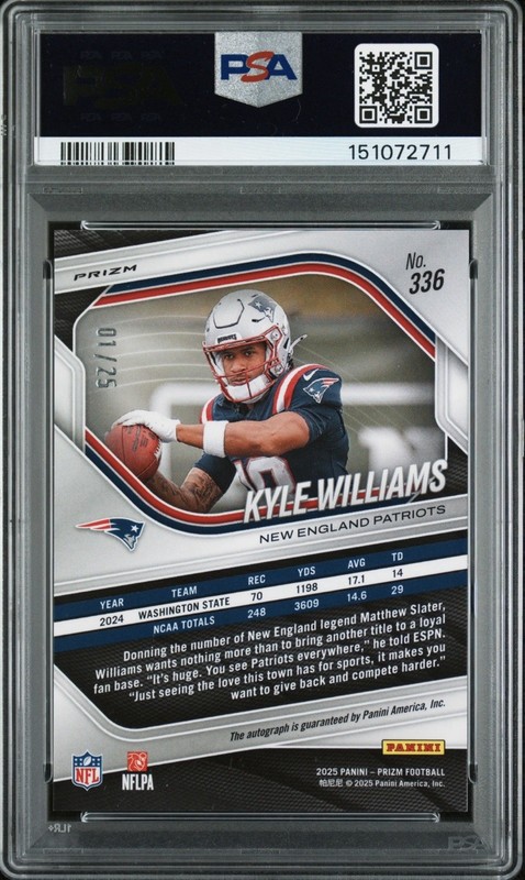 2025 Prizm Football Kyle Williams Camo Prizm Auto #1/25 PSA 10 *POP 1* Patriots view 2