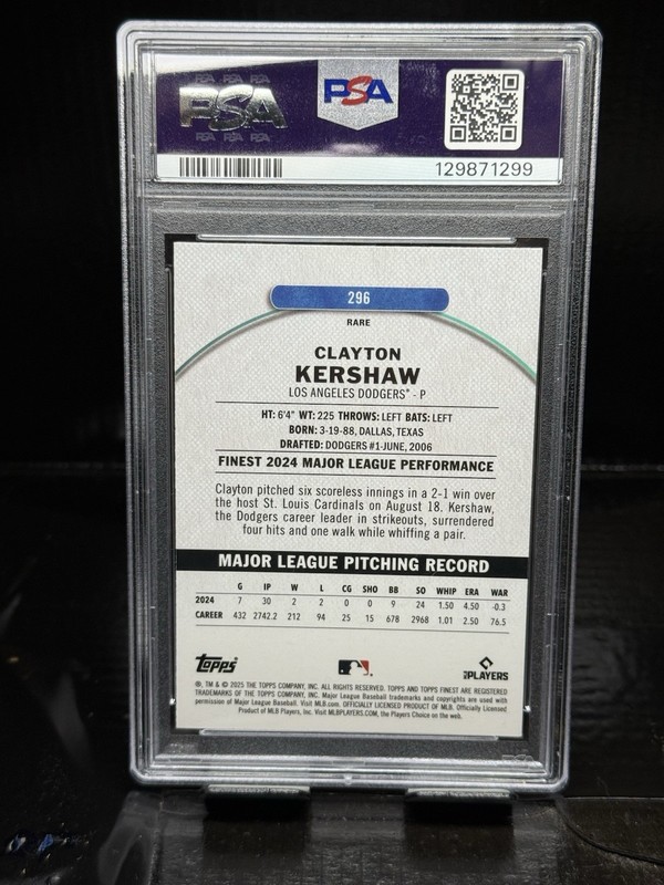 2025 Topps Finest - PSA 9 Clayton Kershaw #296 Purple Refractor /125 view 2