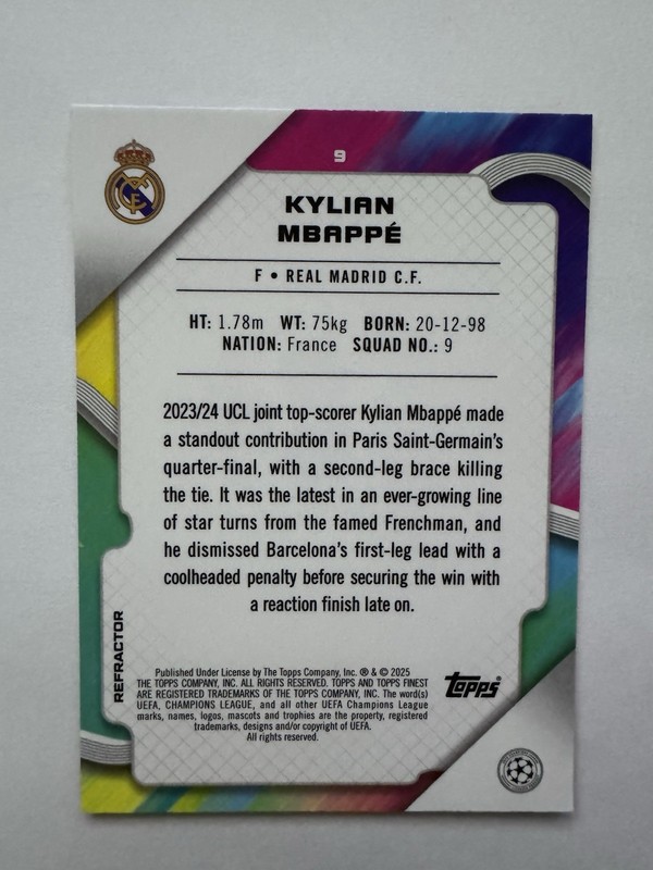 2024-25 Topps Finest - Kylian Mbappe #9 Refractor view 2