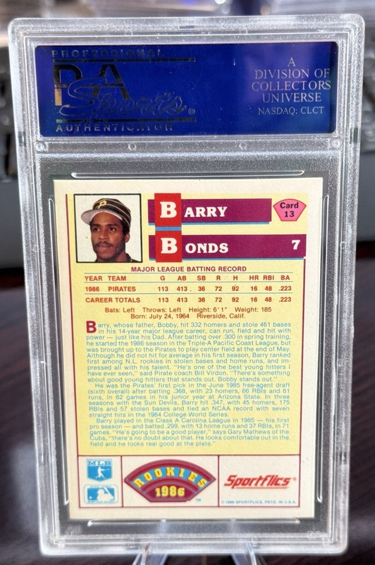 1986 Sportflics Rookies Barry Bonds #13 PSA Mint 9 Rookie RC (205) view 2