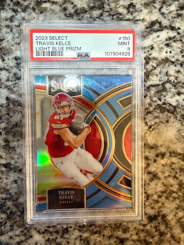 2023 select travis kelce light blue prism psa 9