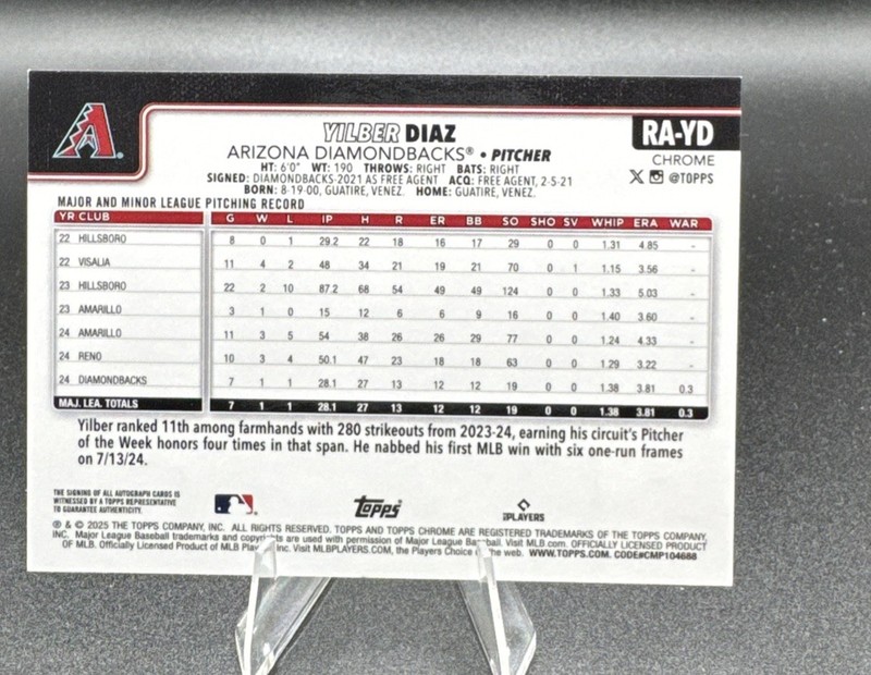 2025 TOPPS CHROME Yilber Diaz GOLD REFRACTOR RC AUTO /50 #RA-YD view 2