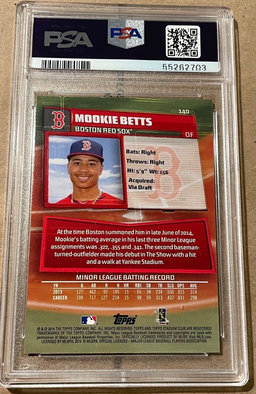 2014 Topps Stadium Club Mookie Betts Rookie #140 PSA 9 Mint view 2