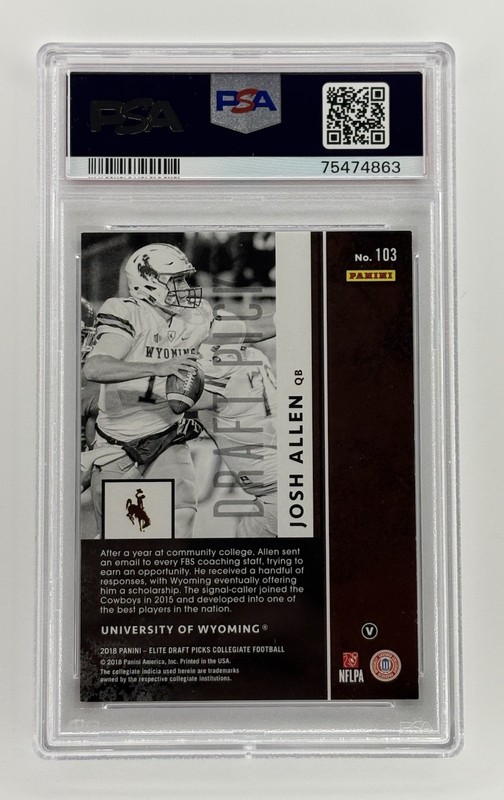 2018 Panini Elite Draft Picks Josh Allen Wht. Jers. Asprtns. Purple /99 PSA 8 view 2