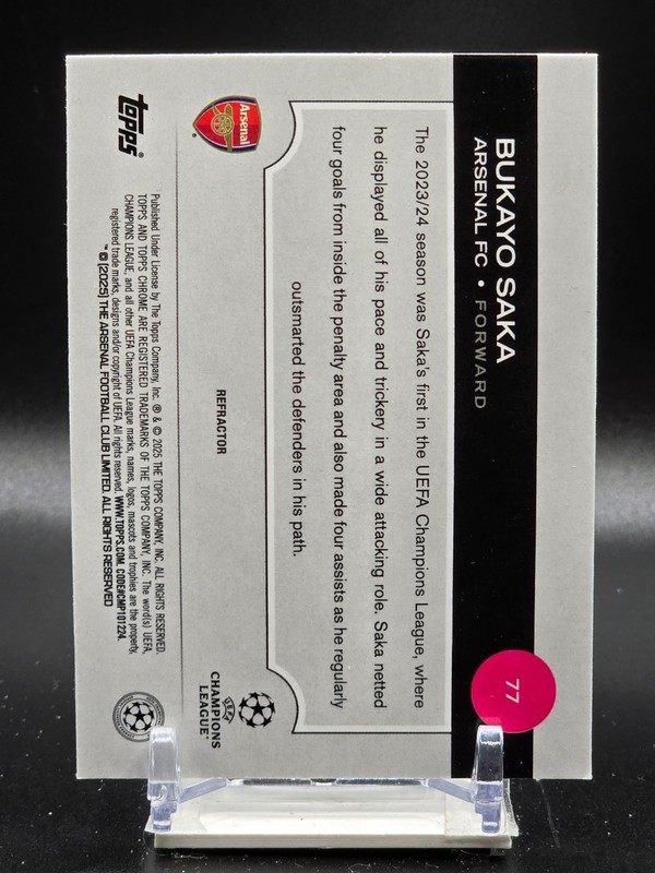 2024-25 Topps Chrome Uefa Club Competitions Bukayo Saka #77 Refractor view 2